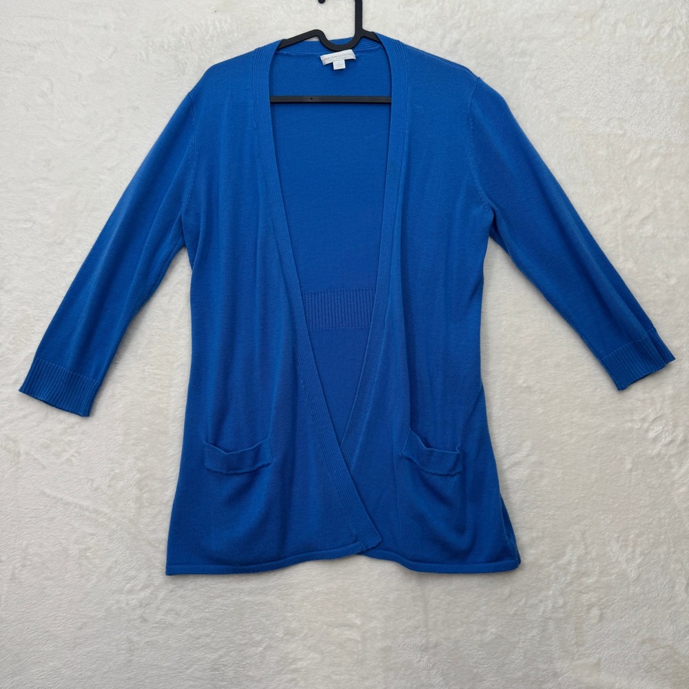 New York & Company Cardigan Womens S Blue Open Front 3/4 Sleeve Pockets Ribbed